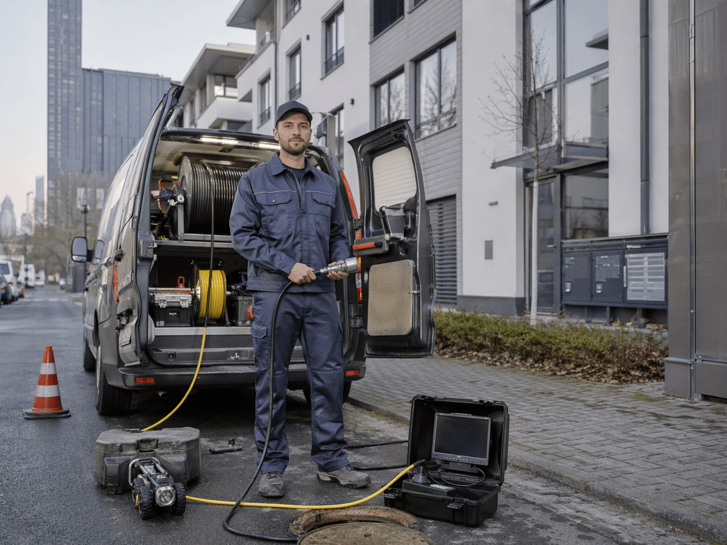 Fachkraft von rohrreinigung-ffm24 bei einem professionell vorbereiteten Einsatz in Frankfurt