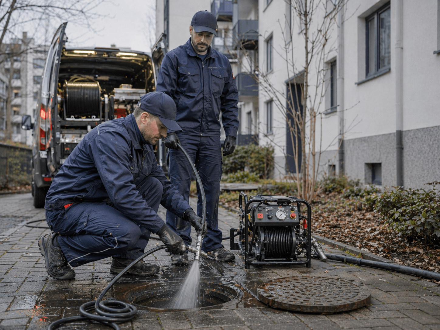 Kanalreinigung mit Schacht, Schlauchsystem und professioneller Technik