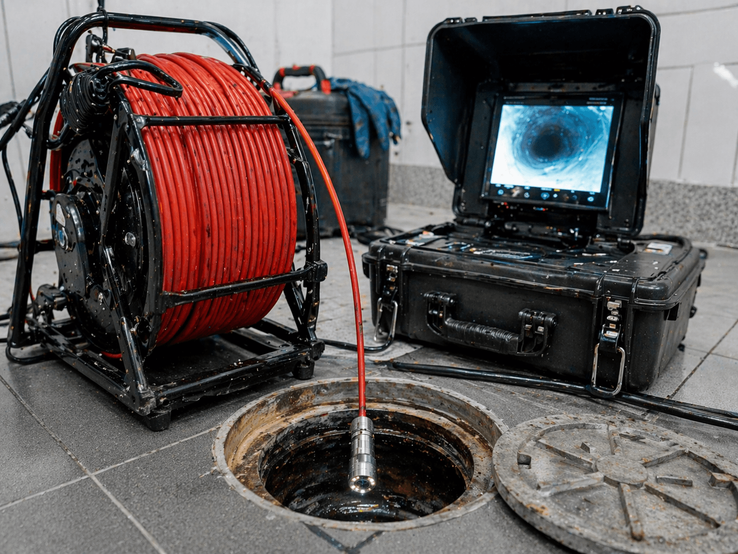 Rohrreinigung- und Spültechnik in einem sauberen Technikraum im Einsatz